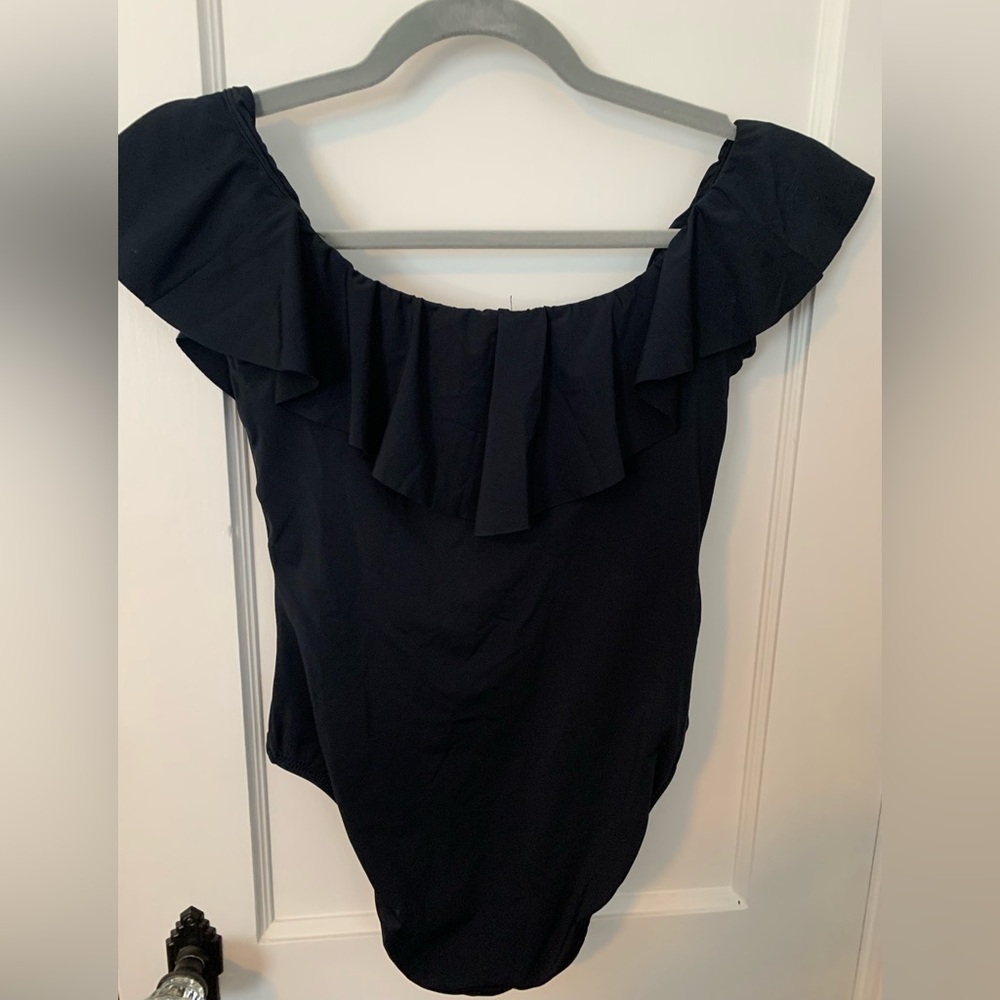 Trina Turk Blue Monoco Solids Ruffle zone Piece Swimsuit Swim Size 8